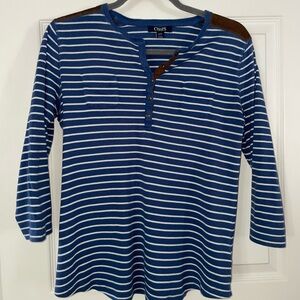 Chaps Blue and White Striped Womens Henley with Brown Accent Large